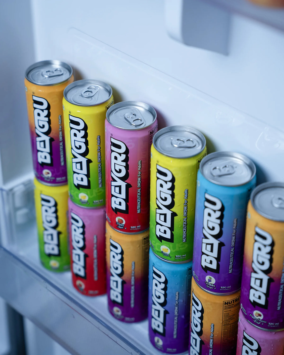 Bevgru cans on a fridge shelf
