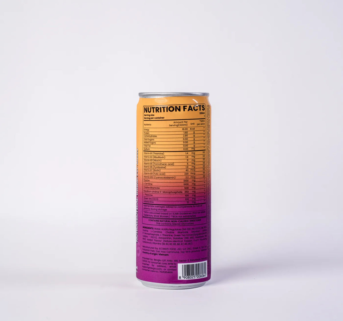 Nutrition facts panel on the Poppy Passion Fruit can