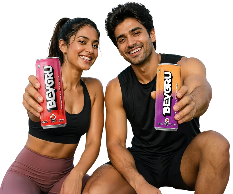 Two active Bevgru customers holding Poppy Passion Fruit and Passion Fruit cans